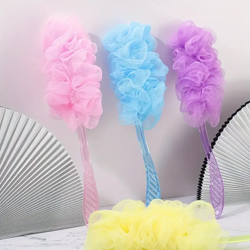 1pc long handle bath massager with head pastel colors green back scratcher for men women manual tool for use no batteries electricity durable bath accessory fluffy texture gentle exfoliation routine Product details 0