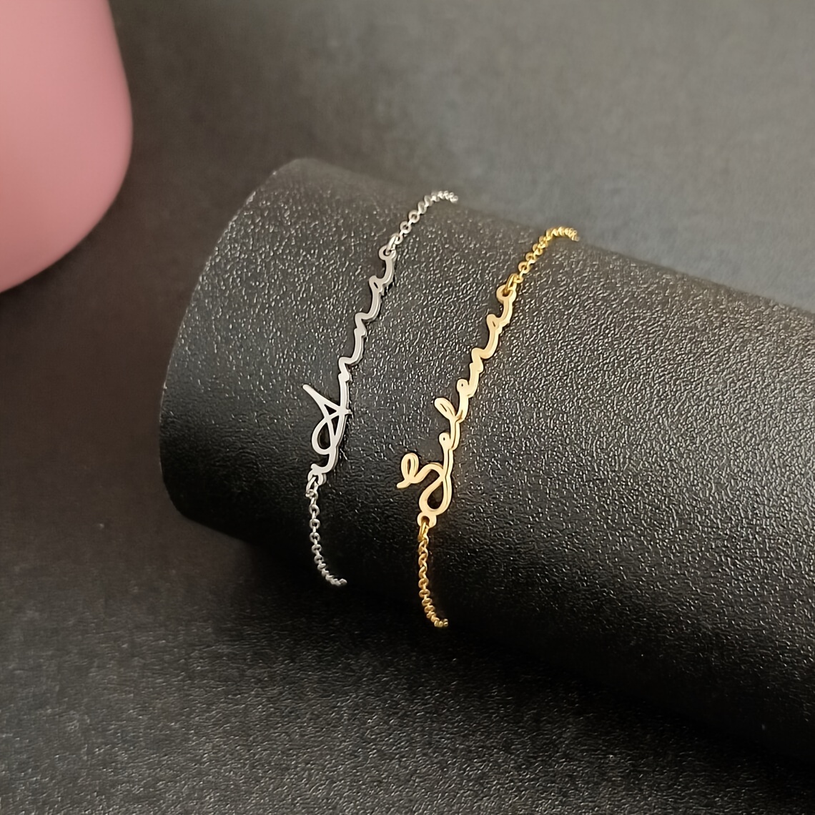 elegant custom golden stainless steel name bracelet for women -   in cursive script, ideal for casual attire &   like birthdays, holidays, weddings & graduations details 5