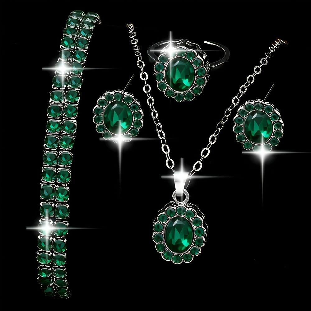 TEMU [5pcs Jewelry Set] 5pcs Sparkling Creative Jewelry Set For Women, Including 1pc Necklace, 2pcs Earrings, 1pc Bracelet, And 1pc Ring. Elegant And