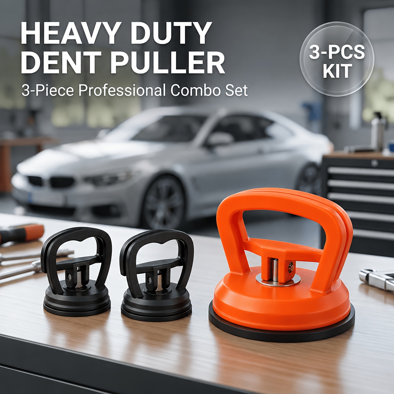 TEMU 3pcs Heavy Duty Car Dent Puller Set With Upgraded Core And Multiple Size Suction Cups For Body Panel Repair
