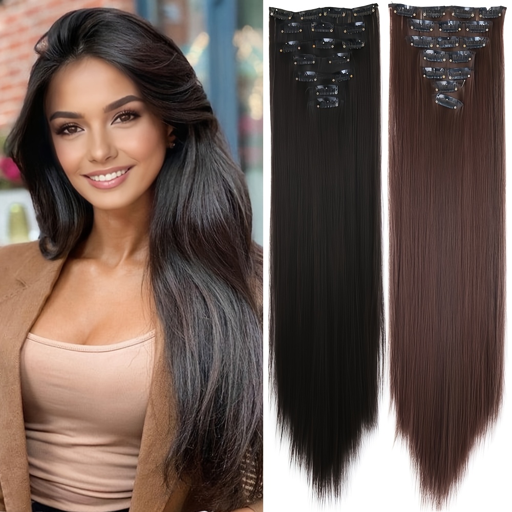 16 long straight hair extension clip in kit for women 7pcs set with adjustable clips natural look for all     versatile styling options hair accessories details 0