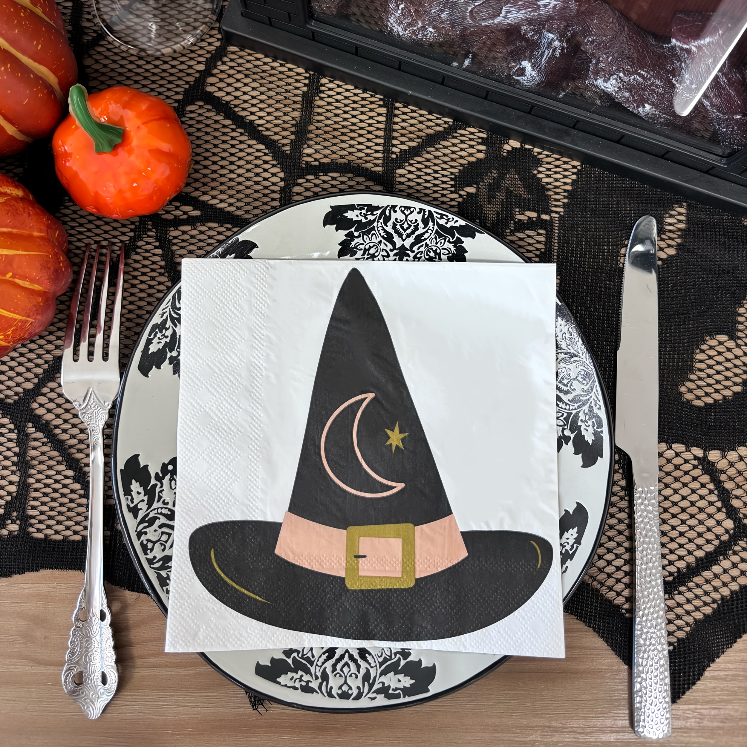 Image of 20pcs/set, Soft 3-ply Black Hat Printed Napkins 13inch*13inch, Disposable Halloween Party Decoration Paper Napkins, Restaurant, Family, Dinner Placemats, Home Decoration, Party Supplies, Wood