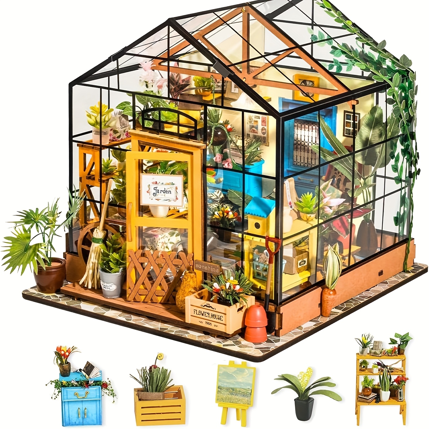 TEMU Puzzle 3D en bois Rolife, Kit de maison de poupée miniature à soi-, Serre en bois à l'échelle 1:24, Kit de construction de modèle architectural