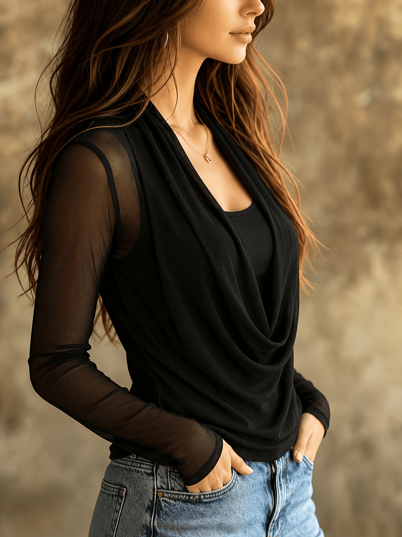 elegant loose fit solid color 2 in 1 look sheer mesh long sleeve spliced neckline womens t shirt a versatile simple and new style for spring and summer suitable for multiple occasions such   festivals   commuting parties