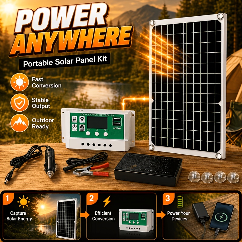 TEMU Portable Solar Panel Outdoor Charging Kit, Including 100a Charging Controller, 12v/24v Dual Usb Solar Charging Panel Set, With Fixtures And
