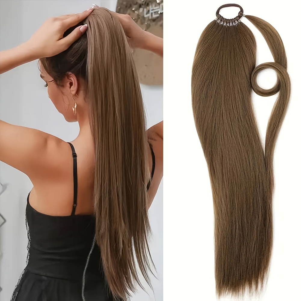 24 inch   straight braiding hair ponytail extension wrap around long straight ponytail with versatile elastic bands for women high temperature fiber   hair extension for women details 9