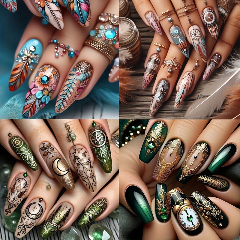 TEMU 96pcs Boxed Bohemian Style Fake Nails Women's Medium Length 4 Styles Of False Nails With Feathers, Wind Chimes, Leaves And Moon, Retro Press-on