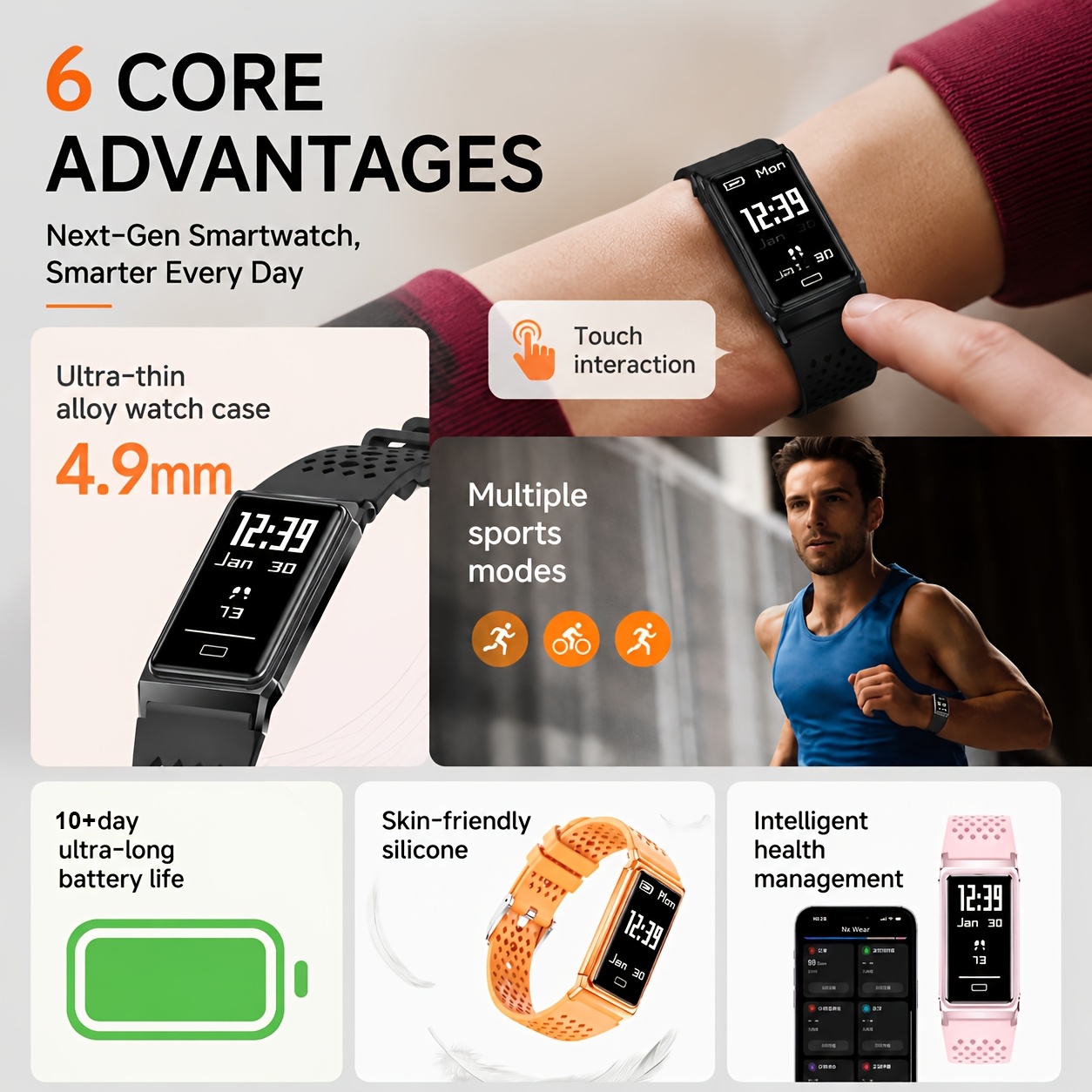 Strakke Zwarte Ultradunne Slimme Armband voor Mannen en Vrouwen, Smartwatch, Lichtgewicht Fitnesstracker voor Dagelijks Comfort, 10+ Dagen Batterijduur, Activiteiten-stappenteller met 24/7 Gezondheids- en Slaapmonitor, IPX8 Waterdicht Sporthorloge, Aanraakbediening, Cadeau