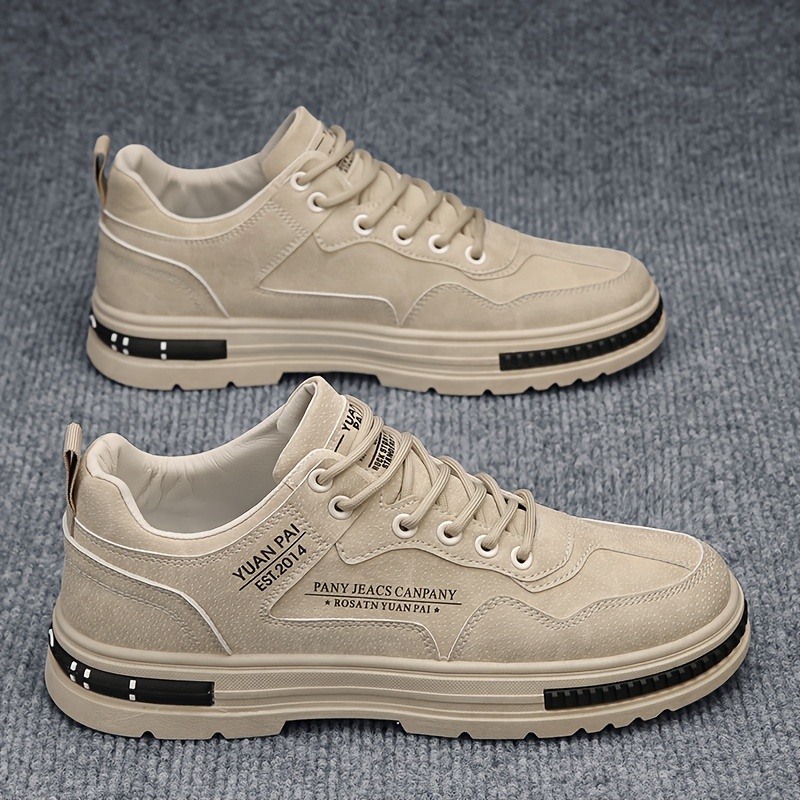 Men's Lightweight Skate Sneakers - Stylish Beige Casual Sneakers with Durable PU Upper, Breathable Fabric Lining, and Non-Slip PVC Sole for Casual Attire, Hiking & Outdoor Activities, Everyday Shoes | Sporty Style | Breathable Lining, Skate Shoes
