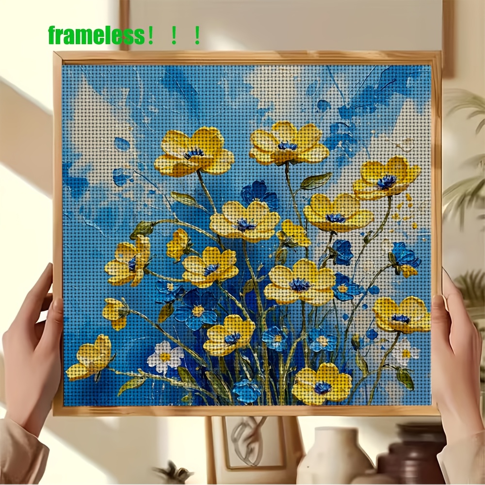 Blue Background Yellow Flower Oil Painting Pattern Stitch Kit
