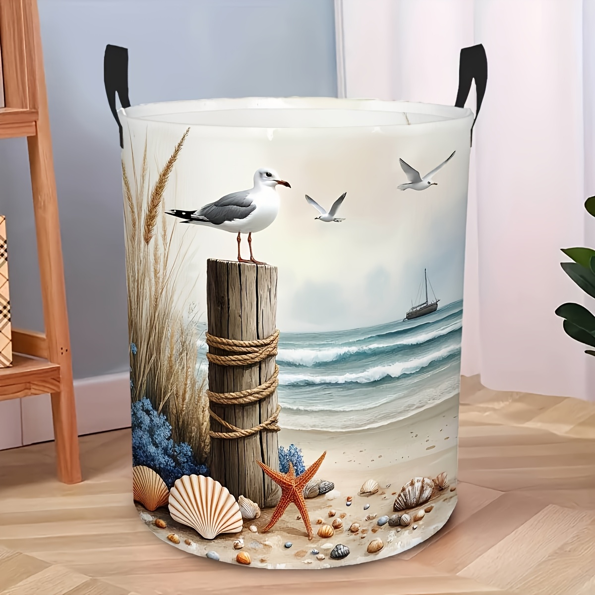 TEMU A Dirty Laundry Basket Featuring A Seaside Seagull Pattern, Suitable For Room Decoration, Storage, Gift Basket, Laundry Basket, Home