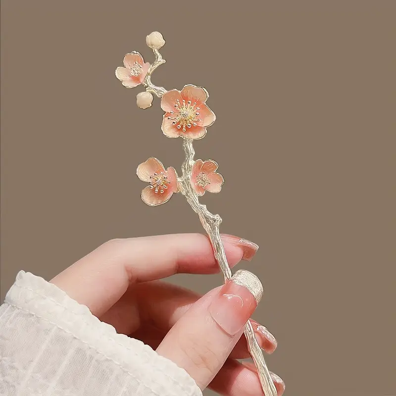 1pc elegant cherry hairpin japanese alloy metal hair clip with pink women s updos hanfu styling formal occasions stylish updo pin metallic alloy construction Product details 4
