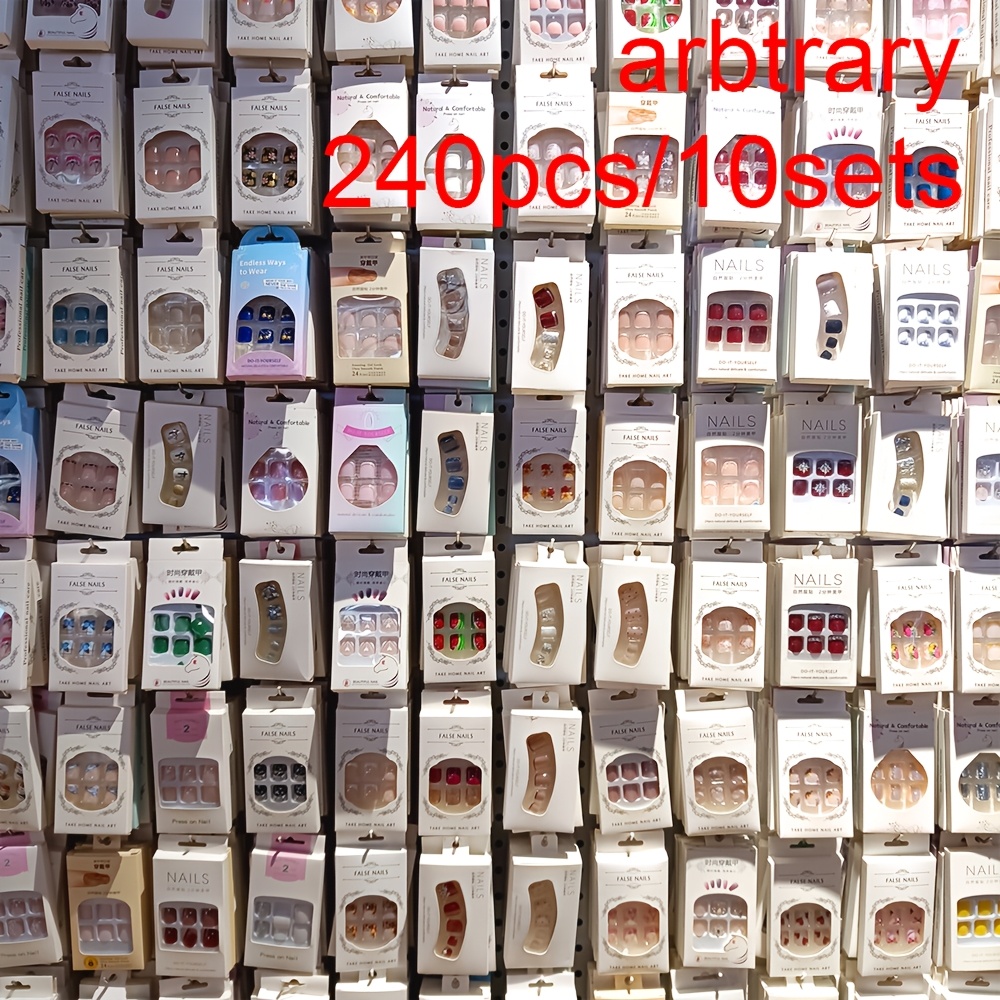 TEMU 240pcs (10 Sets) Assortiment Aléatoire de Faux Ongles, Courts, Moyens-Longs, Longs, Style Français, , Carrés, Y2K, Rouge, Bleu, Noir, Blanc,