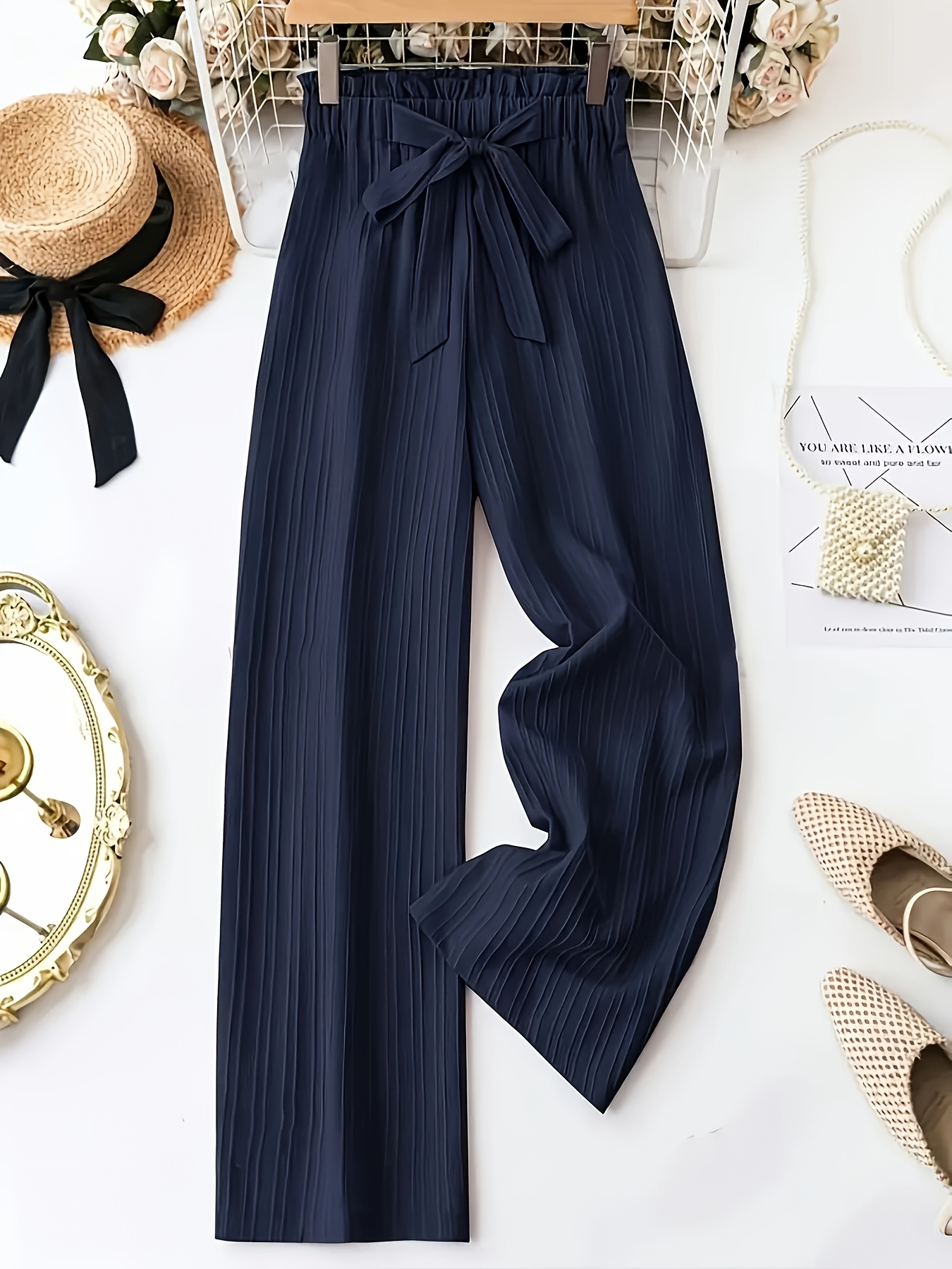 dark pleated texture wide leg pants with frilled high waist and bow tie straight leg pants