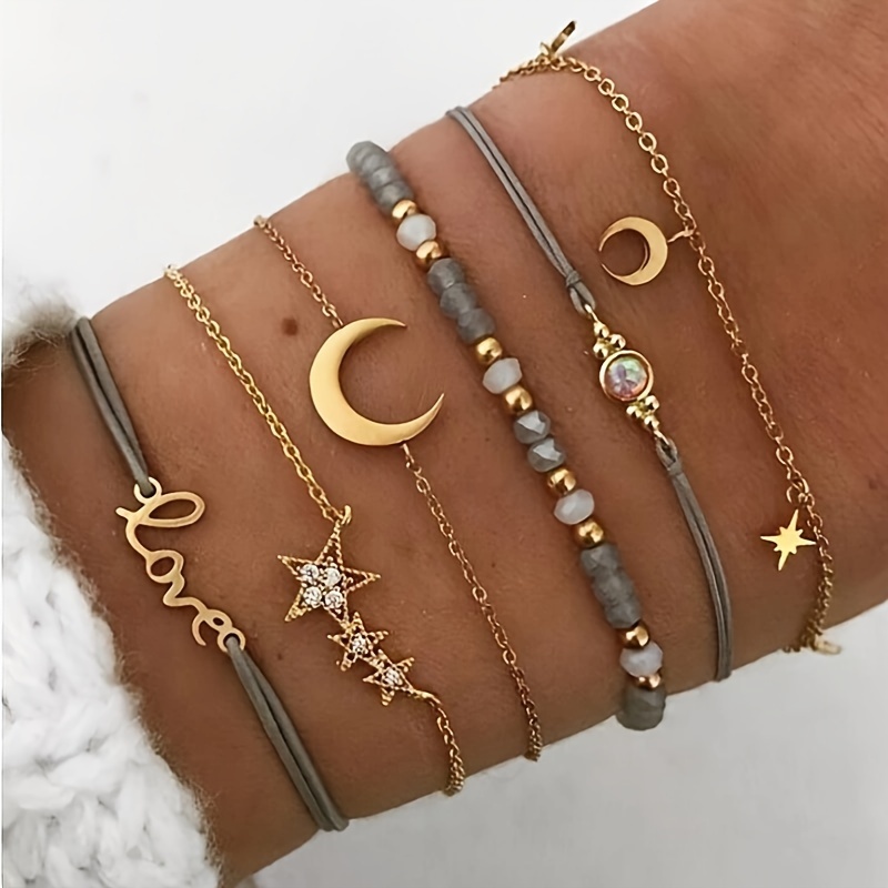 

6pc Stylish Simple Love Pentagram Moon Combo Bangle Bracelet Valentine's Day Gift