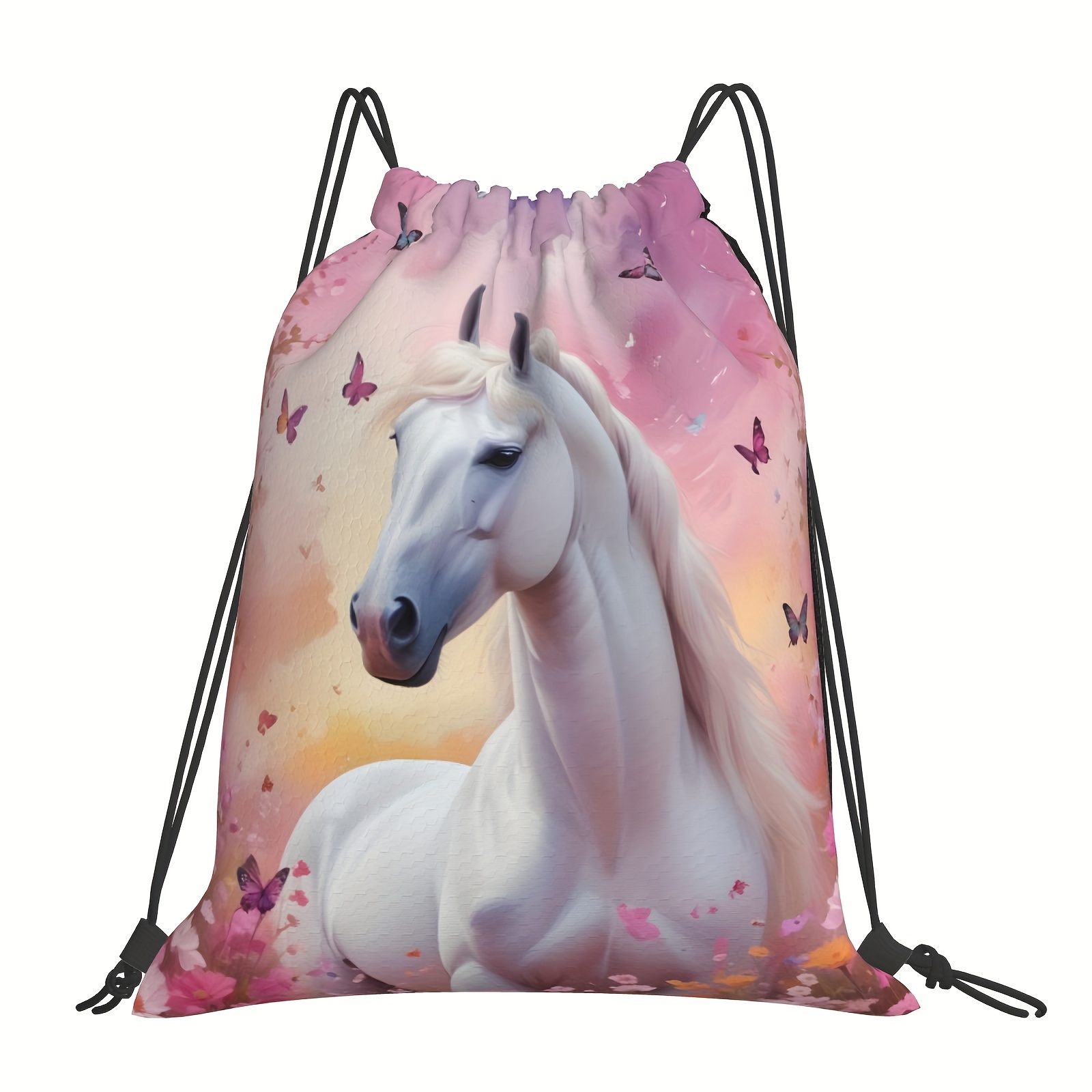 

Polyester Drawstring Bag With 3d Horse, Cherry Blossoms, And Butterfly Print – Aesthetic Fitness Backpack