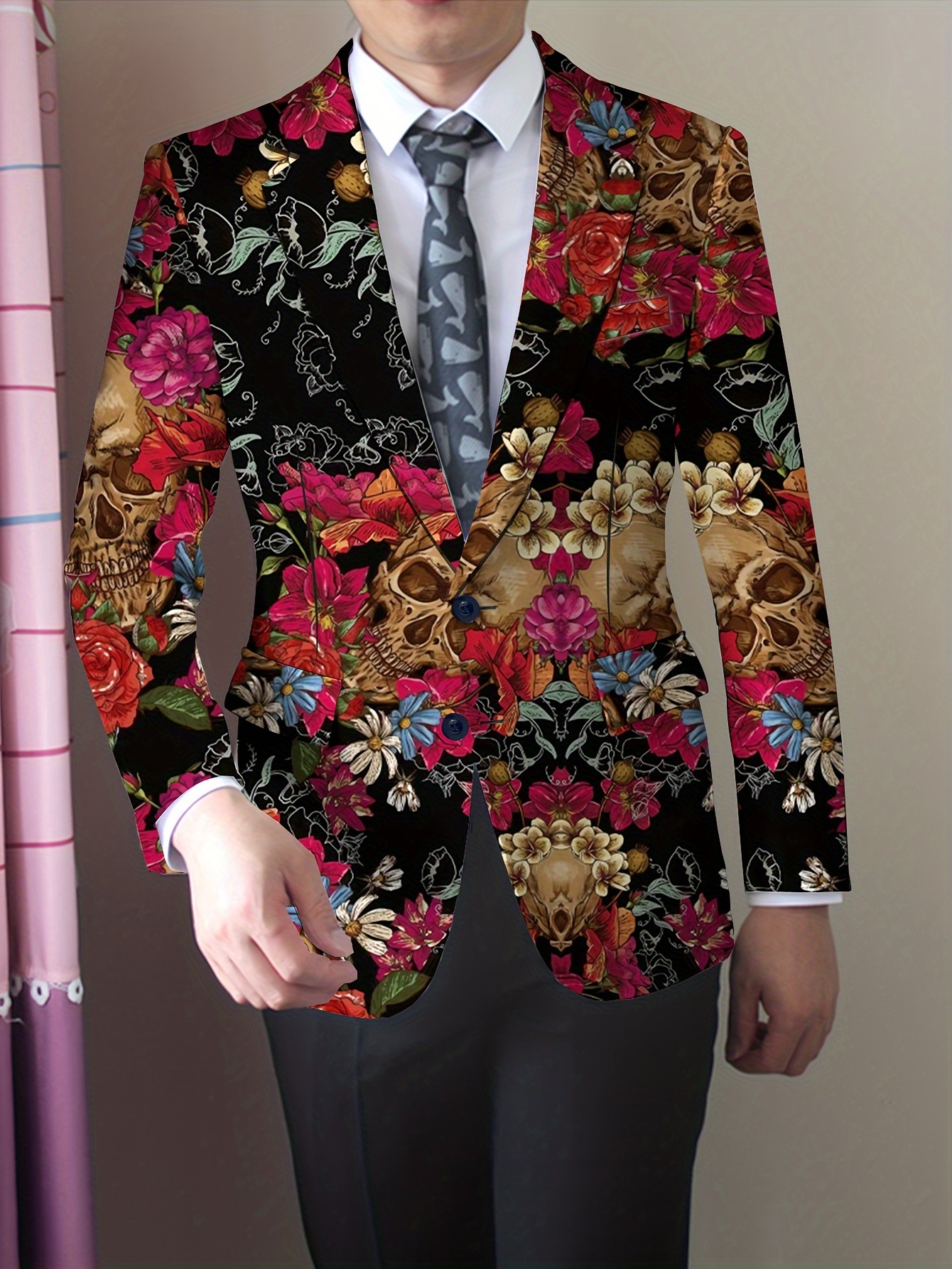Men's Gothic Skull Print Blazer, Polyester Stretch Fabric, Regular Fit, Long Sleeve, No Belt, Button Detail, Suit Jacket for Mature Men, All-Season Wear