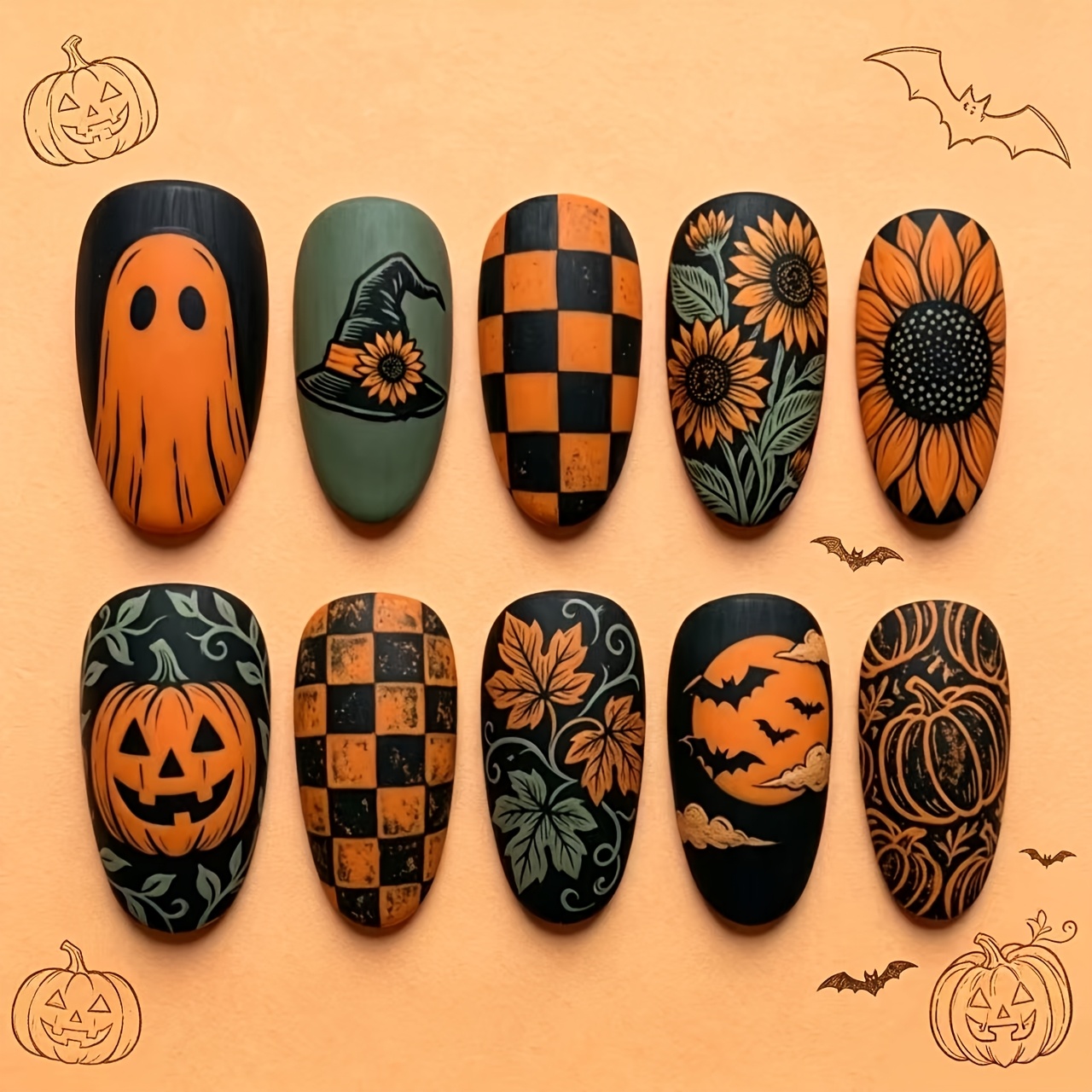 TEMU 10pcs Halloween Orange Black Press-on Nails, Pumpkin Checkered Pointed Almond Party Atmosphere Fake Nails, Easily Removable