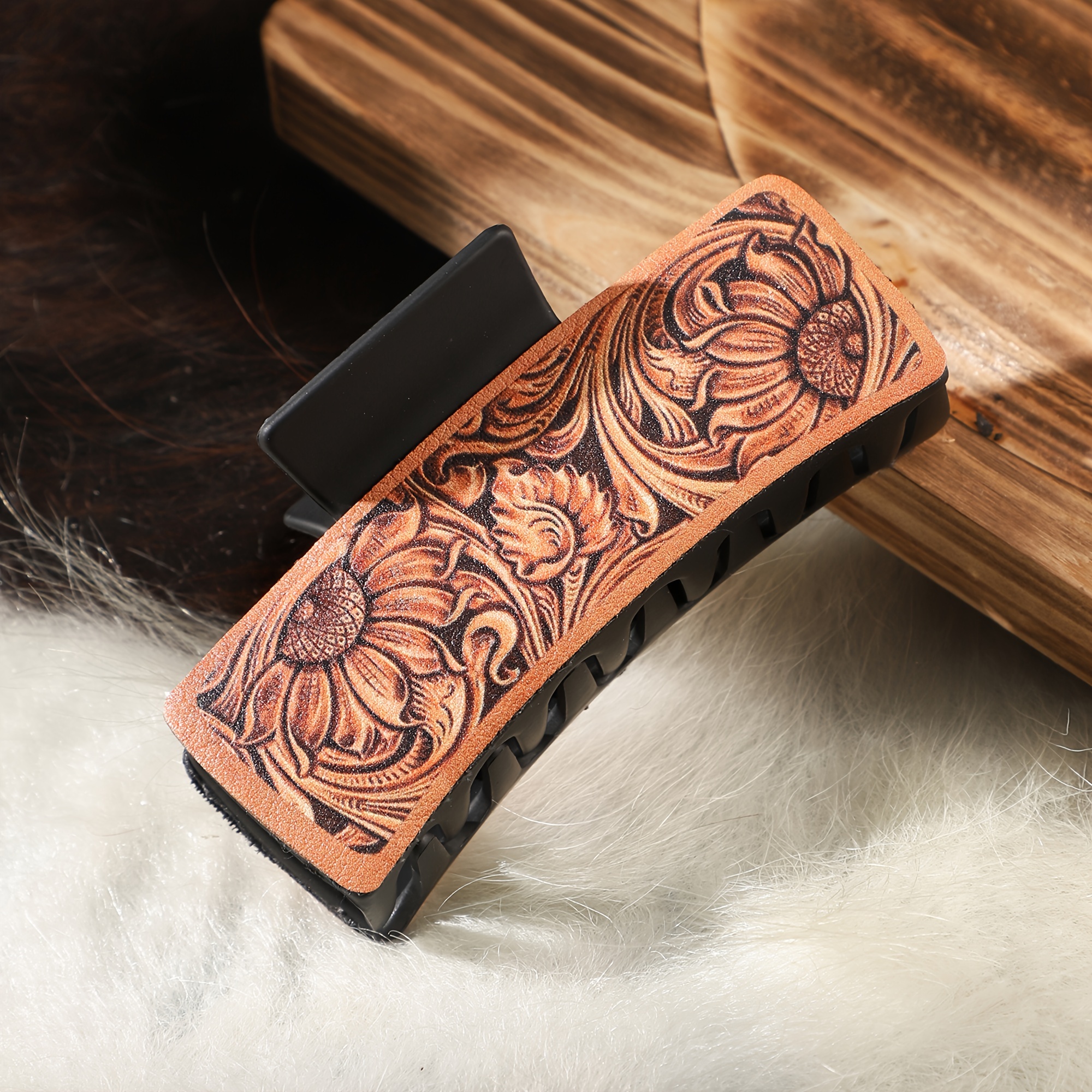 TEMU 1pc Western Cowboy Style Printed Pu Leather Hair Claw Clip Large Non Slip Rectangular Hair Grab Clip Accessories For Women And Daily Uses