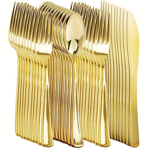 item picture 150 100 75 30pcs of golden plastic knife combination 150pcs including 50 forks 50 spoons and 50 knives suitable for large events parties weddings birthday parties dinners restaurants cafes party occasions