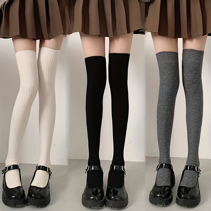 

3 Pairs Of Solid Thigh High Socks, Warm Knee High Socks, Women's Stockings And Socks