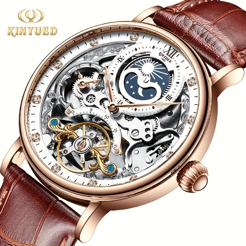 [kinyued] Men'-sided Skeleton Automatic Mechanical Watch | Stylish Dual-time Function, Stainless , Faux Leather Strap, Waterproof 30m, Ideal Gift , Without Battery
