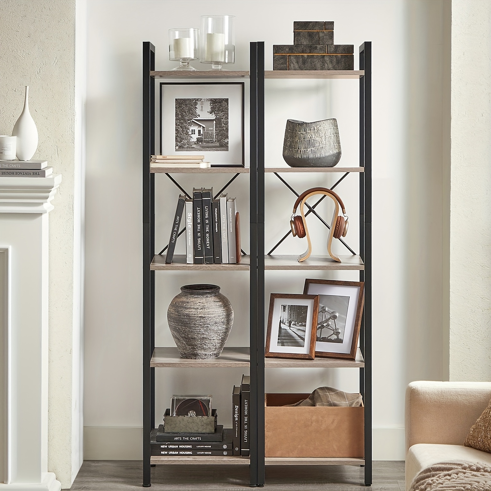 TEMU 5 Tier Shelf Bookcase Storage Unit With For Living Room Office Entrance Industrial Style