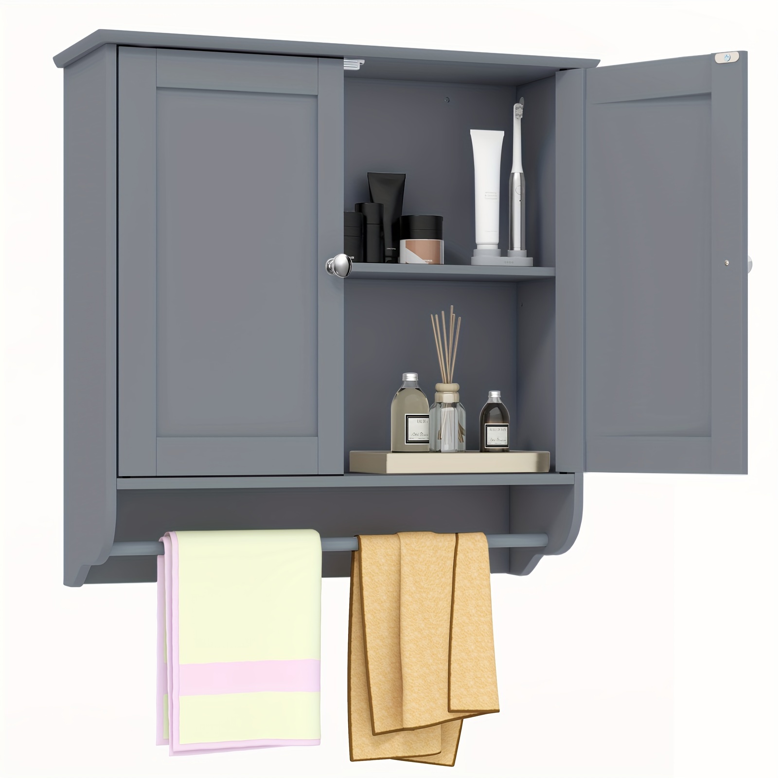 

1pc Wall Mounted Bathroom Medicine Cabinet, Bath Storage Cupboard, With Towel Bar, Room Storage