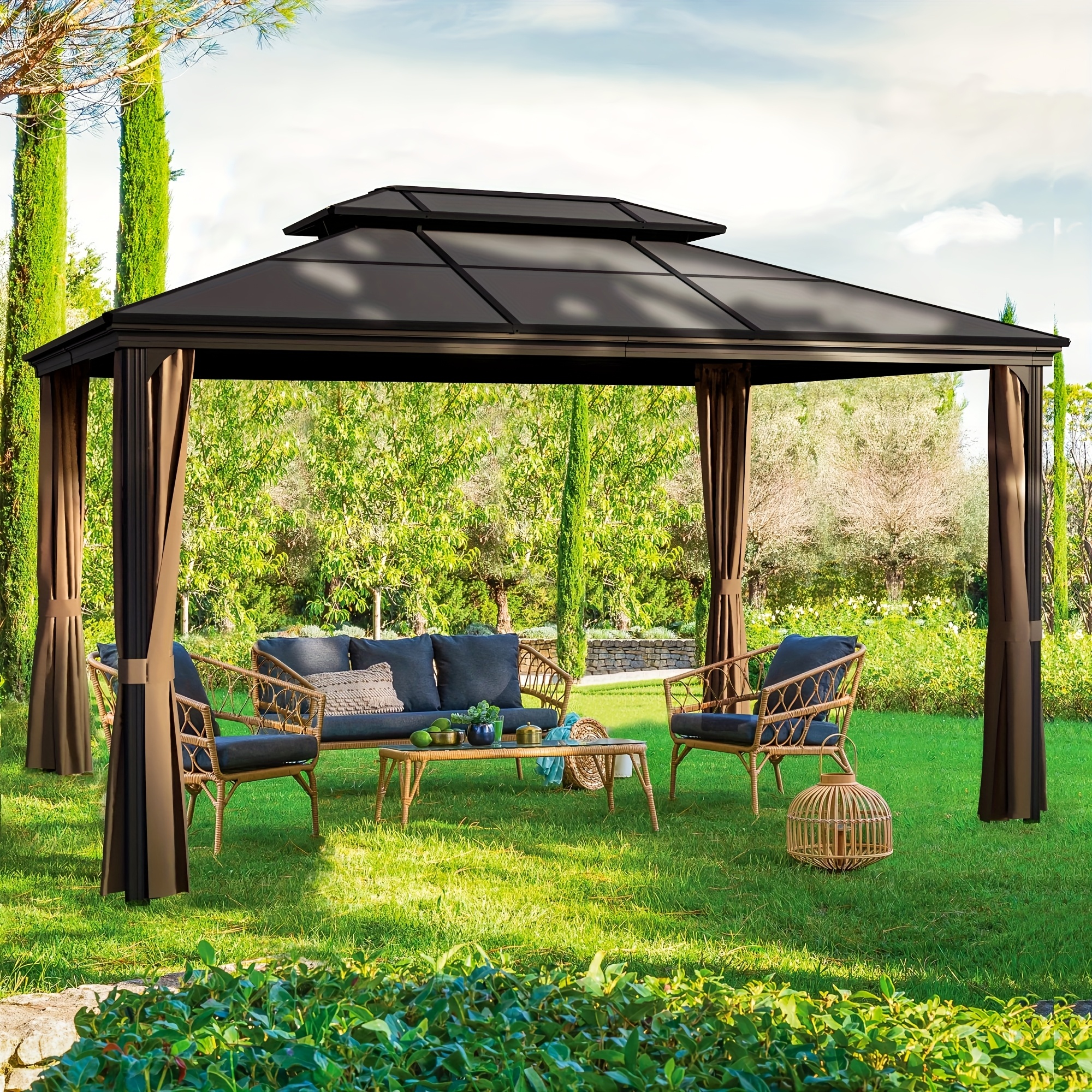 GUNJI 10' x 13' Hardtop Gazebo with Black Polycarbonate Roof & Aluminum Frame Netting - Durable Weather-Resistant Outdoor Furniture, Lattice Design for Privacy & Sun Protection, Patio Cover, Modern Aesthetic, Sturdy Construction, Garden Enthusiasts