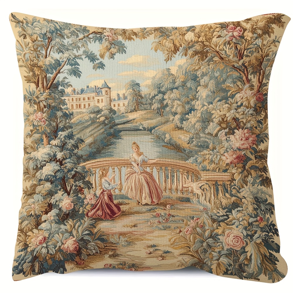 

1pc Antique French Tapestry Print Double-sided Short Plush Throw Pillow Cover, 18x18 Inch, Style, Machine Washable, Zipper Closure, Polyester, With No Insert For Sofa, Living Room, Bedroom