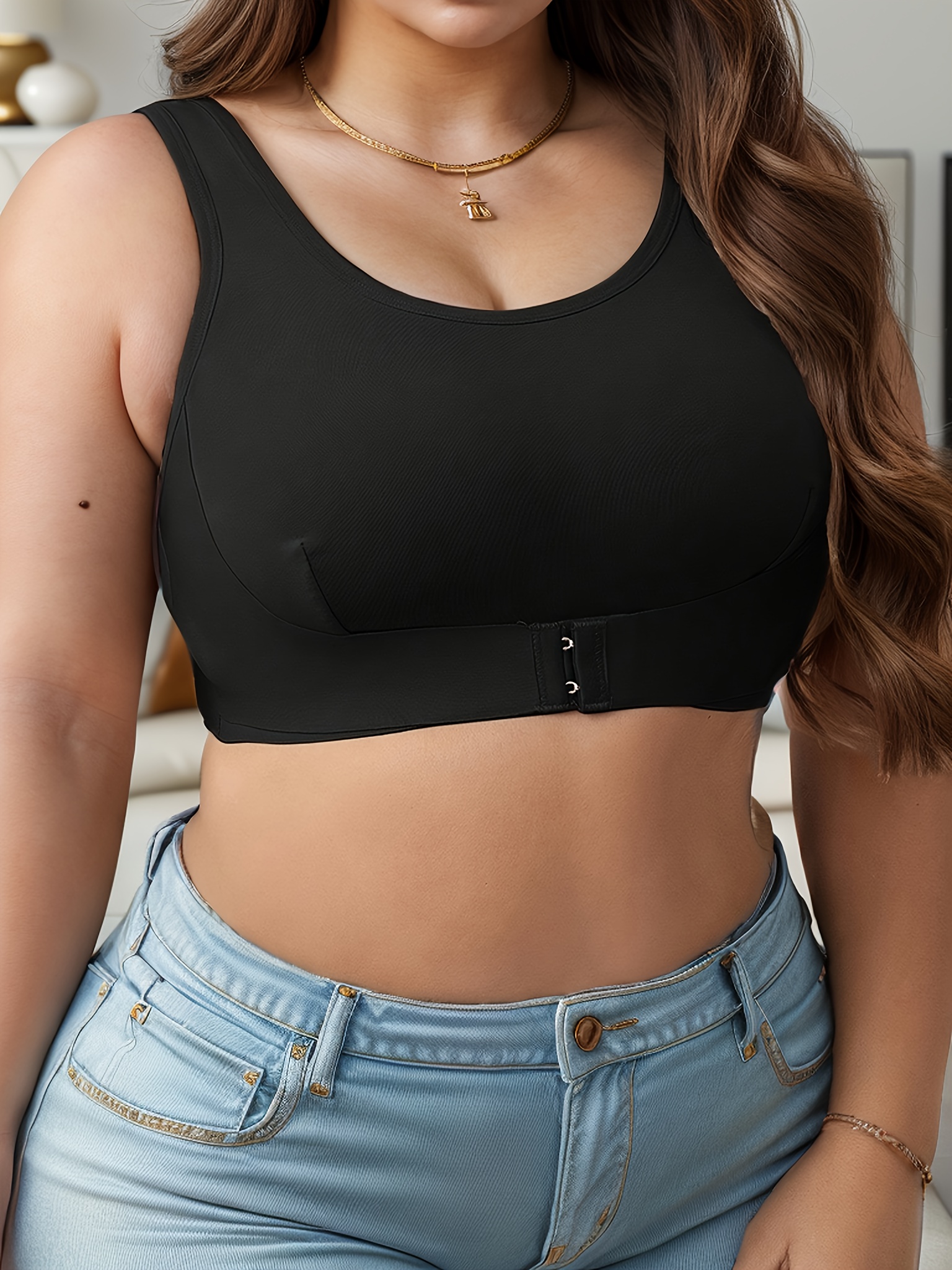 Women's Plus Elegant Bra, Plus Size Solid Front Closure Full Cover Non Padded Bralette