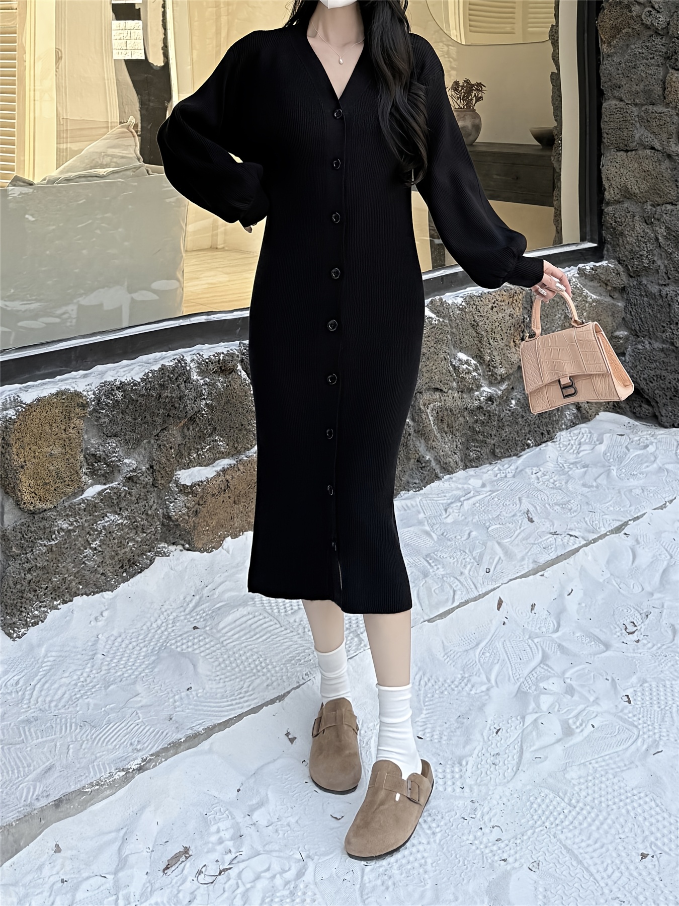 autumn bodycon midi knit dress 1pc v neck lantern sleeve long dress fur bootie