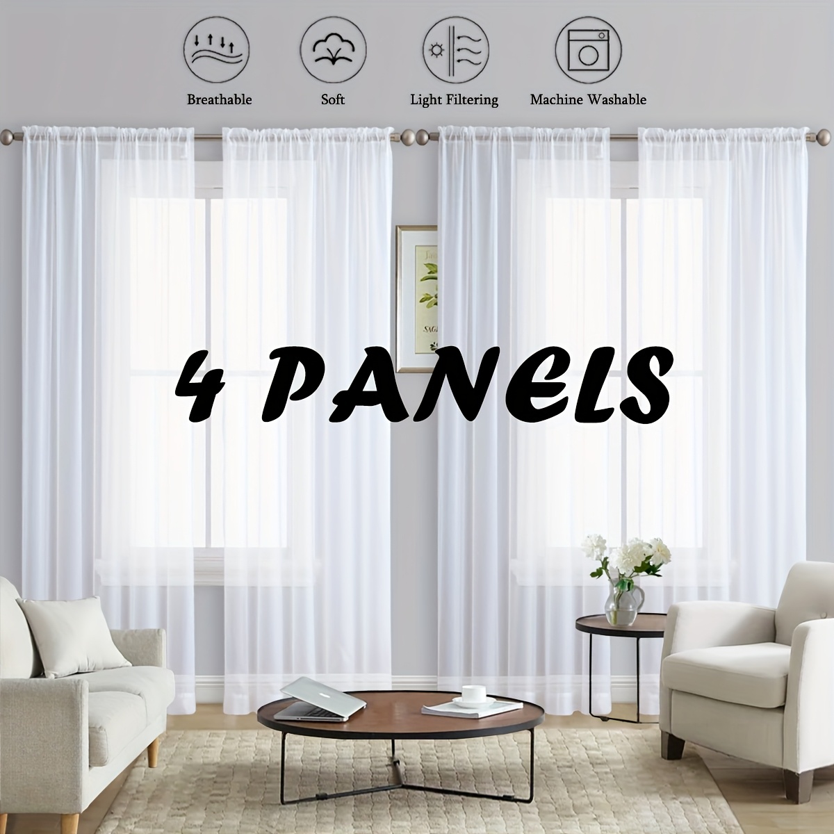 TEMU Set Of 4 Panels, Sheer Curtains, Sheer Light Filtering Window Treatment Coverings Curtains For Dining Room, Bedroom And Living Room