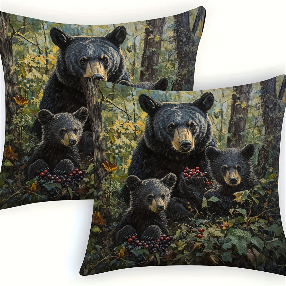 TEMU 2pièces Housse de coussin imprimée double face rustique avec ours noir et oursons, 100% polyester avec fermeture éclair cachée - Idéal pour la