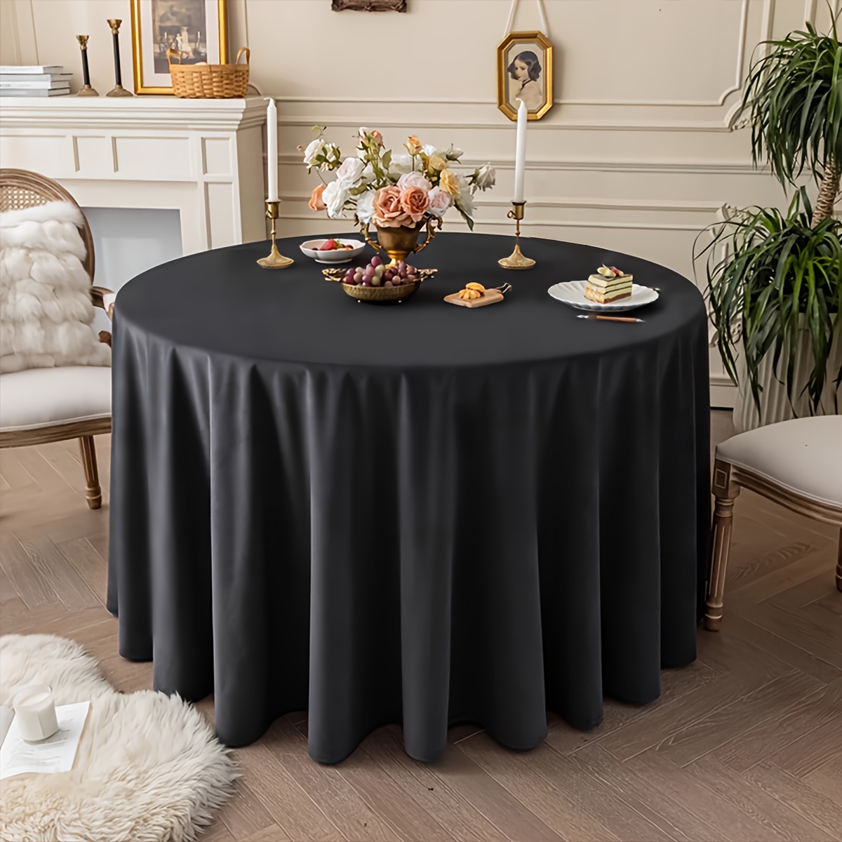 Elegante einfarbige runde Tischdecke – * für Engagements, Abendessen, Buffets & Camping – Weiß/Schwarze Tischdecken für runde Tische