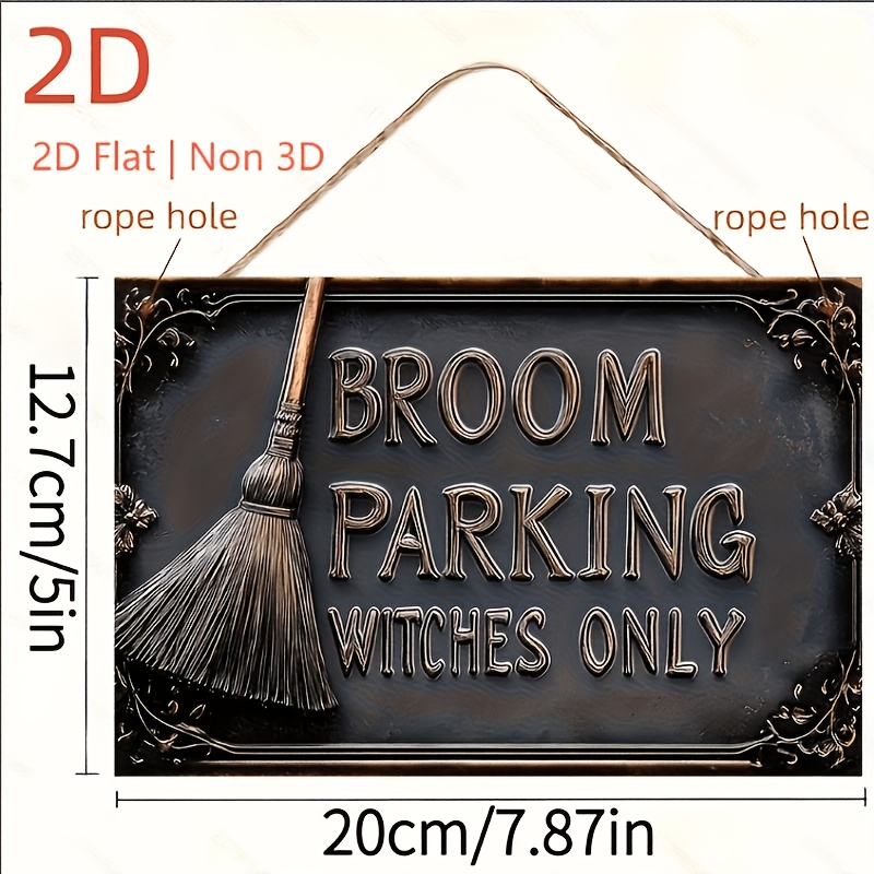 TEMU 2D Plat - Design Graphique Imprimé en Bois, sur un Plan 2D, dans un Style Rétro de "Stationnement de Balais de Sorcières uniquement". Cette