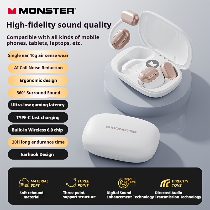 TEMU Écouteurs fil à oreille ouverte Monster, à crochet d'oreille, puce fil 6.0 intégrée, 30 heures de lecture, son stéréo haute , chargement USB-C,