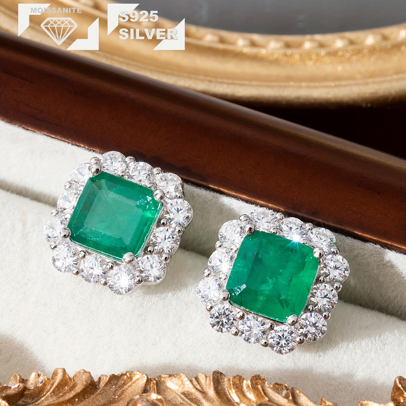 

S925 Silver Vintage Classic Earrings With Moissanite And Emerald-style Synthetic Gemstones