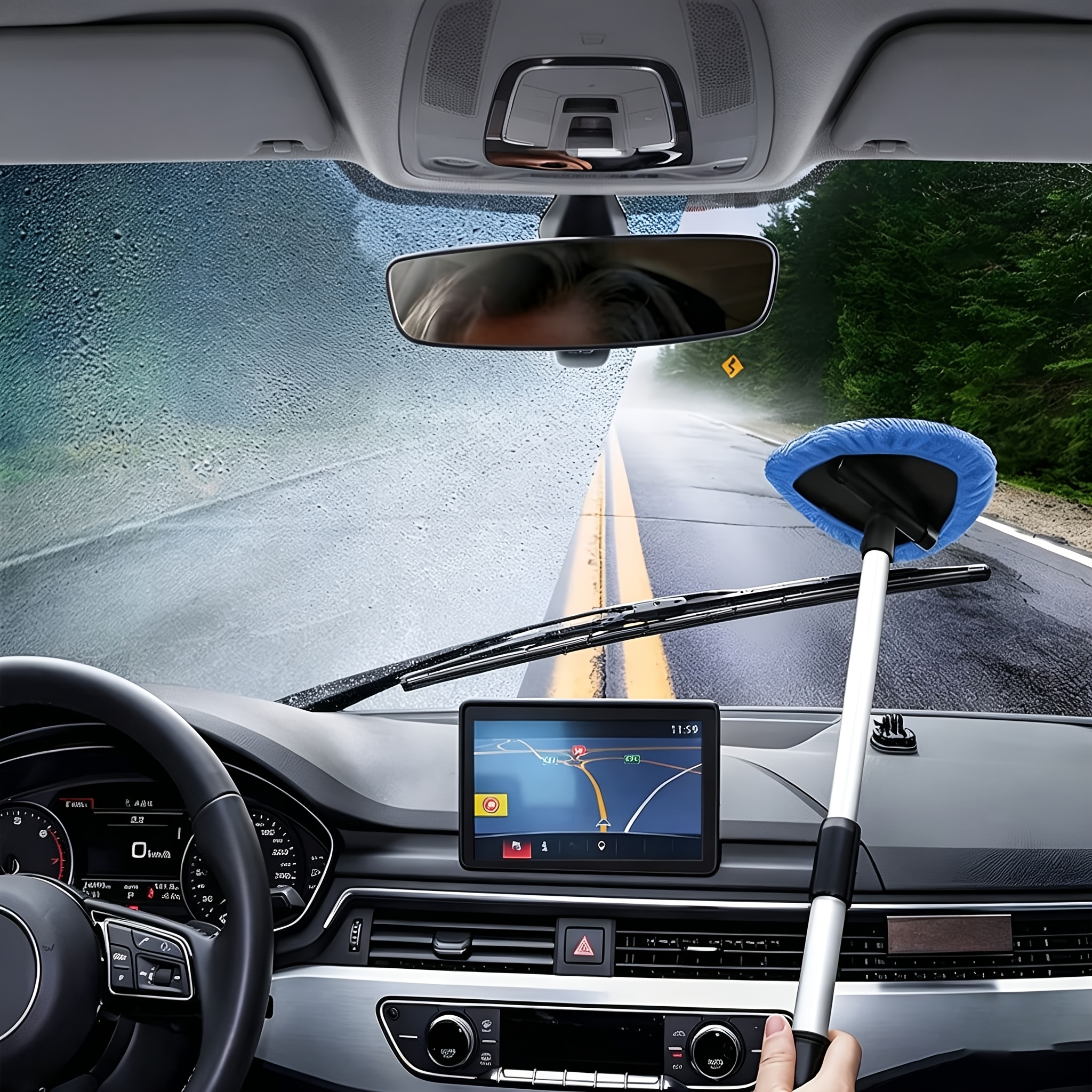 Image of 8pcs Car Window Cleaner With 5pcs Microfibre Pads, Cleaning Tool For Windscreens With Extendable Handle, Car Window Wiper Kit