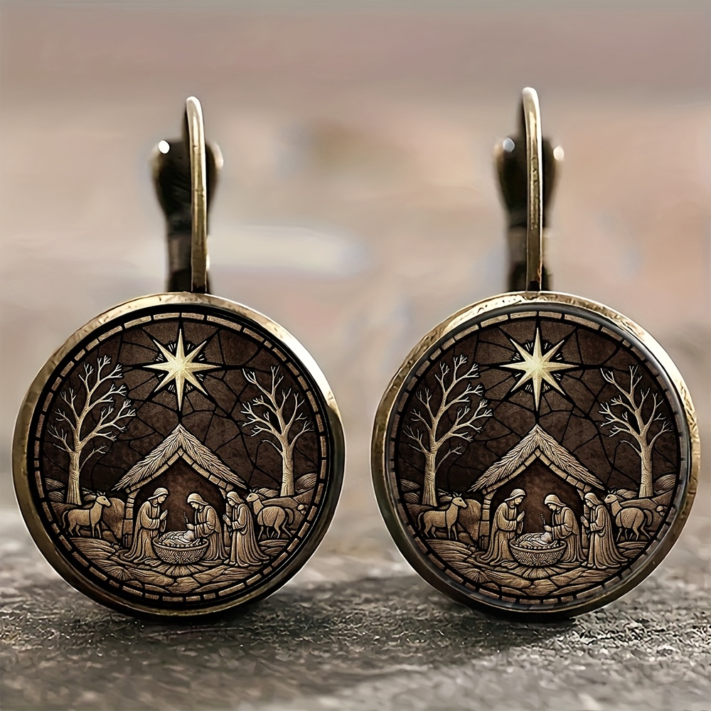 TEMU Vintage-style Round Earrings Made Of Alloy, Featuring A Christmas Nativity Scene. Elegant Jewelry Pieces Are Easy Yet Trendy, Wear. Make A Great Gift And Are Suitable For Events