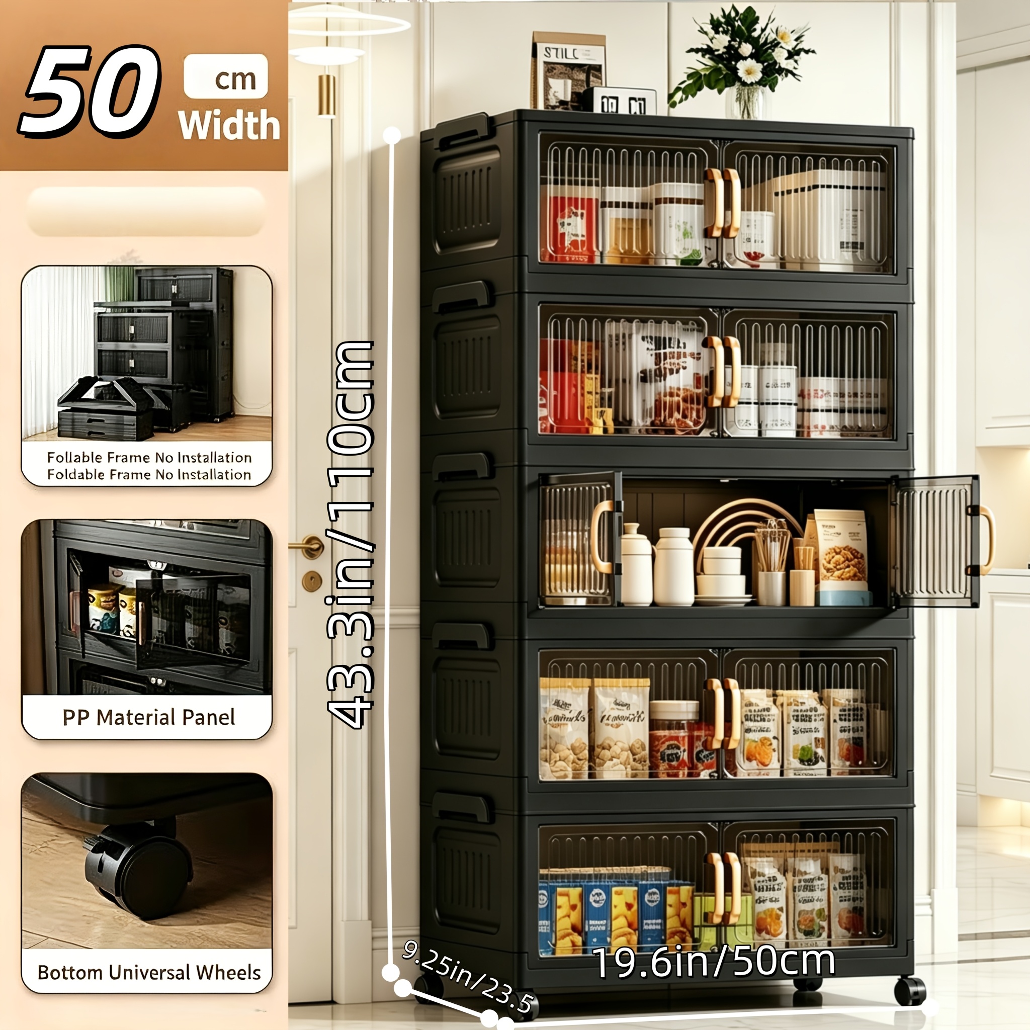 No Assembly 2/3/4/5 Tier Foldable Stackable Storage Cabinet, 44.29 Inch Large Capacity Modular Organizer Box with Lid, Rolling Wheels & Magnetic Double Door, Space Saving Portable Multi-Layer Storage Unit, Easy Setup Household Storage Container
