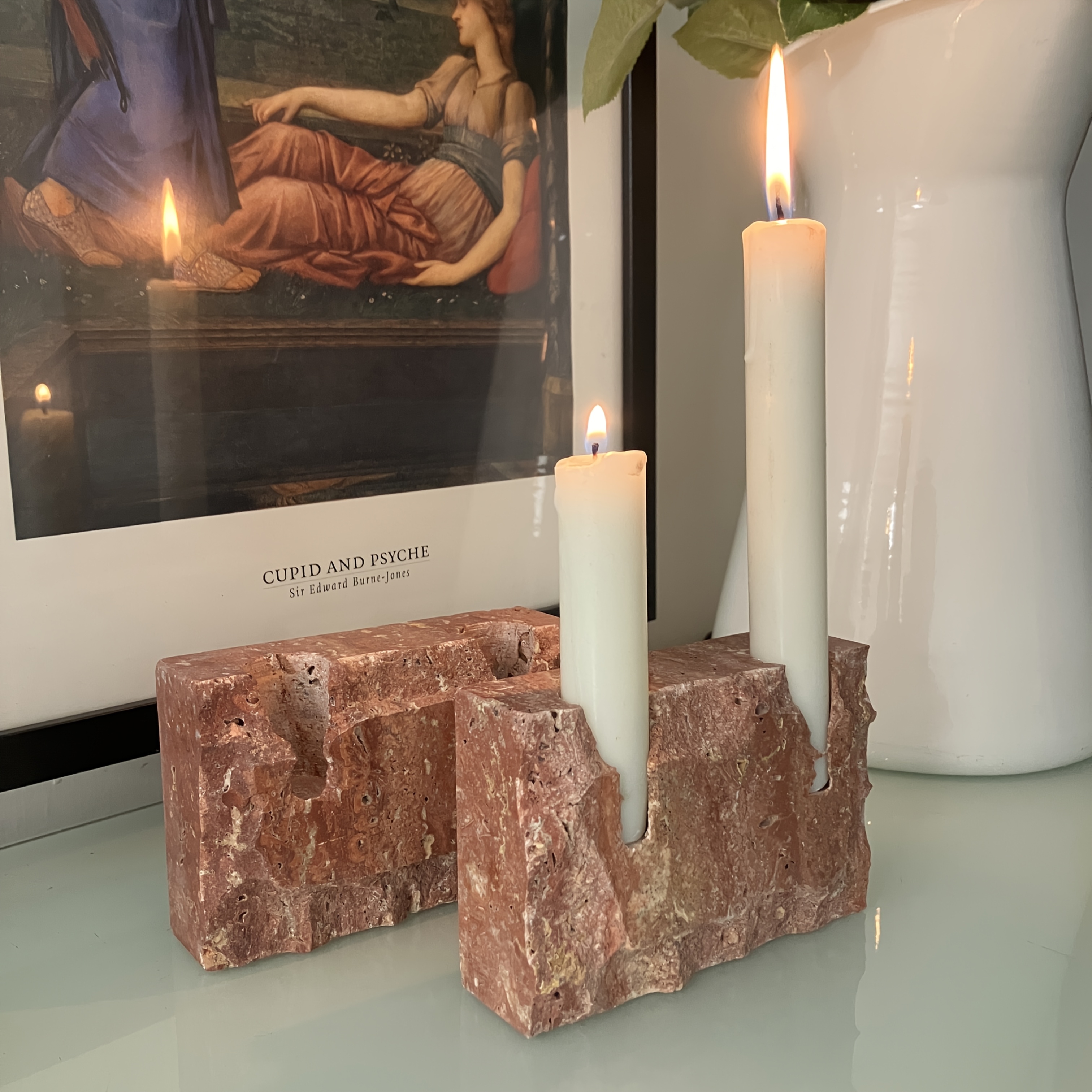 1pc Natural Red Marble Candle Holder - Uniquely Designed Rectangular Two-Hole Candleholder, Holiday Candle Holder, Onyx Candle Holder Base, Travertine Candle Holder, Multi-Branch Candle Holder, Suitable for Weddings, Parties, and Holiday Decoration.