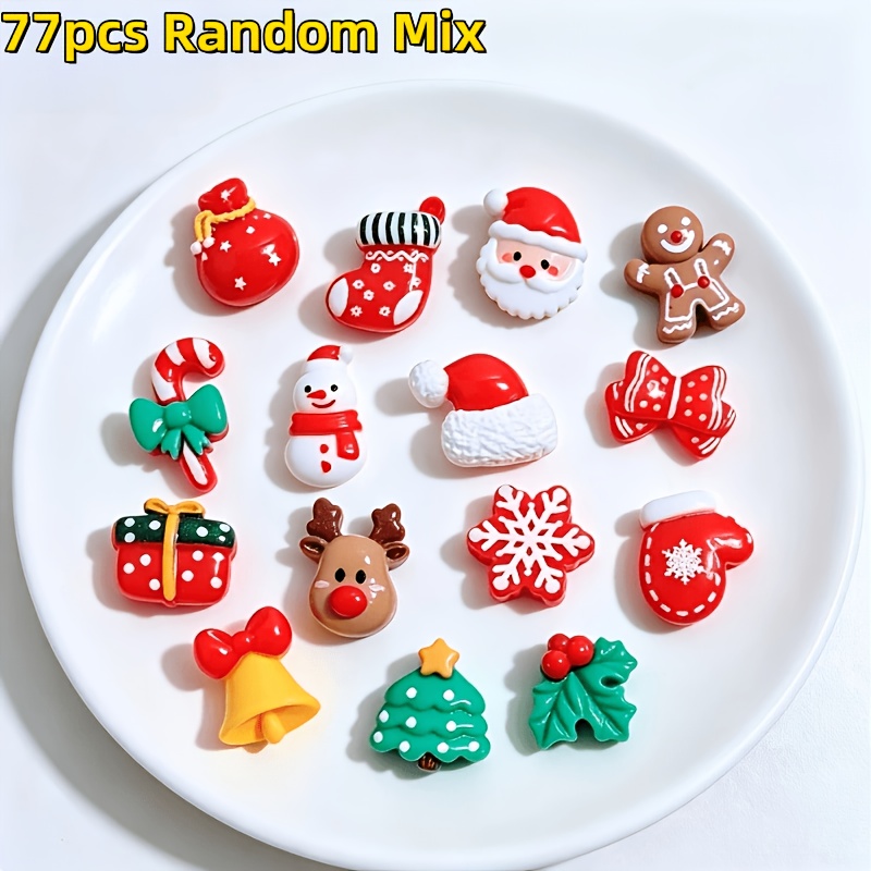 TEMU 77pcs New High-quality Christmas Resin Flat-bottom Ornaments, Including Snowflakes, Santa Claus, Snowmen, Reindeer And Other Patterns - Suitable