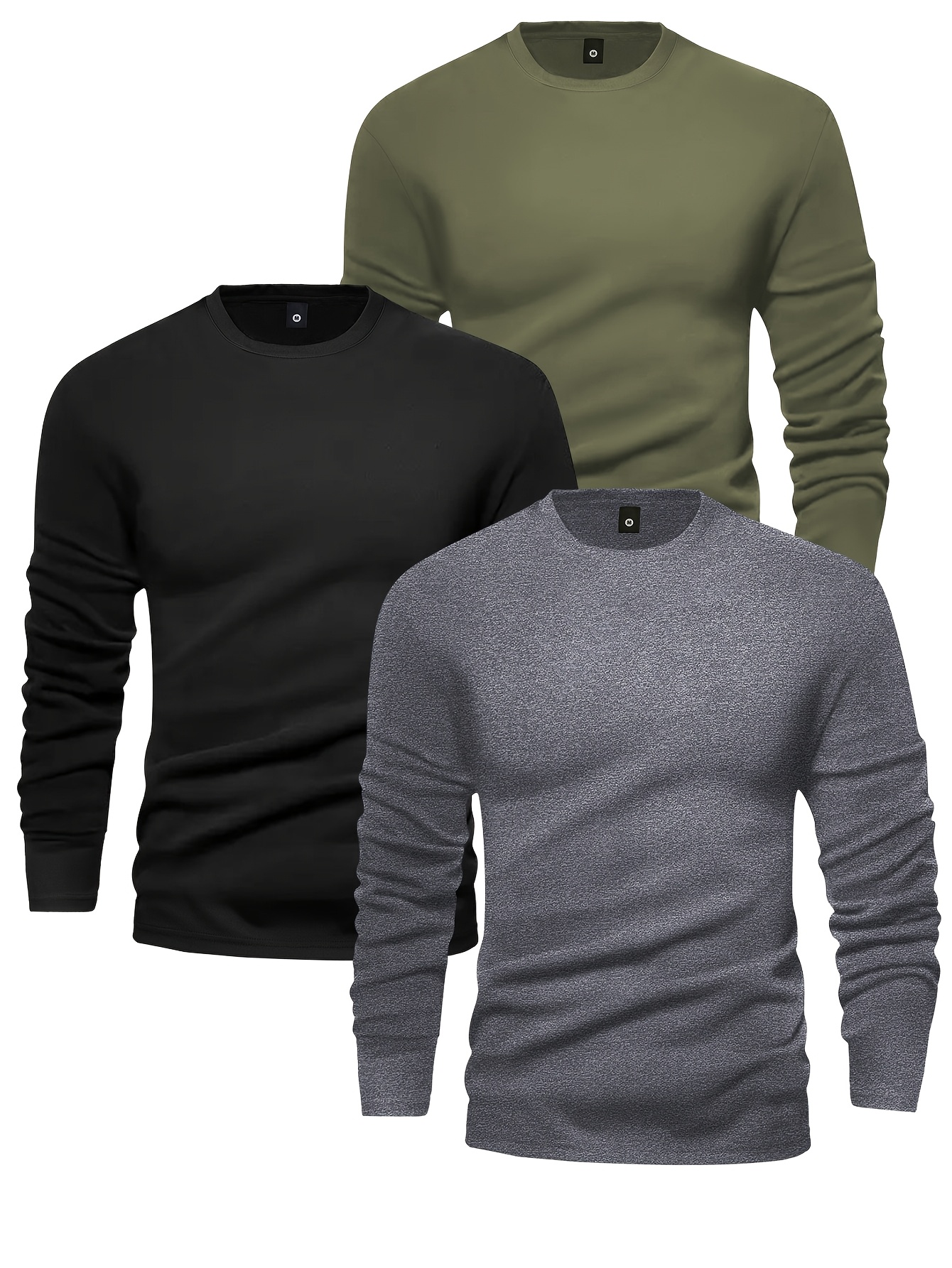 3pcs *'s Long Sleeve Crew Neck T-Shirts Casual Solid Color, Stretchy  Comfortable for Spring/Fall