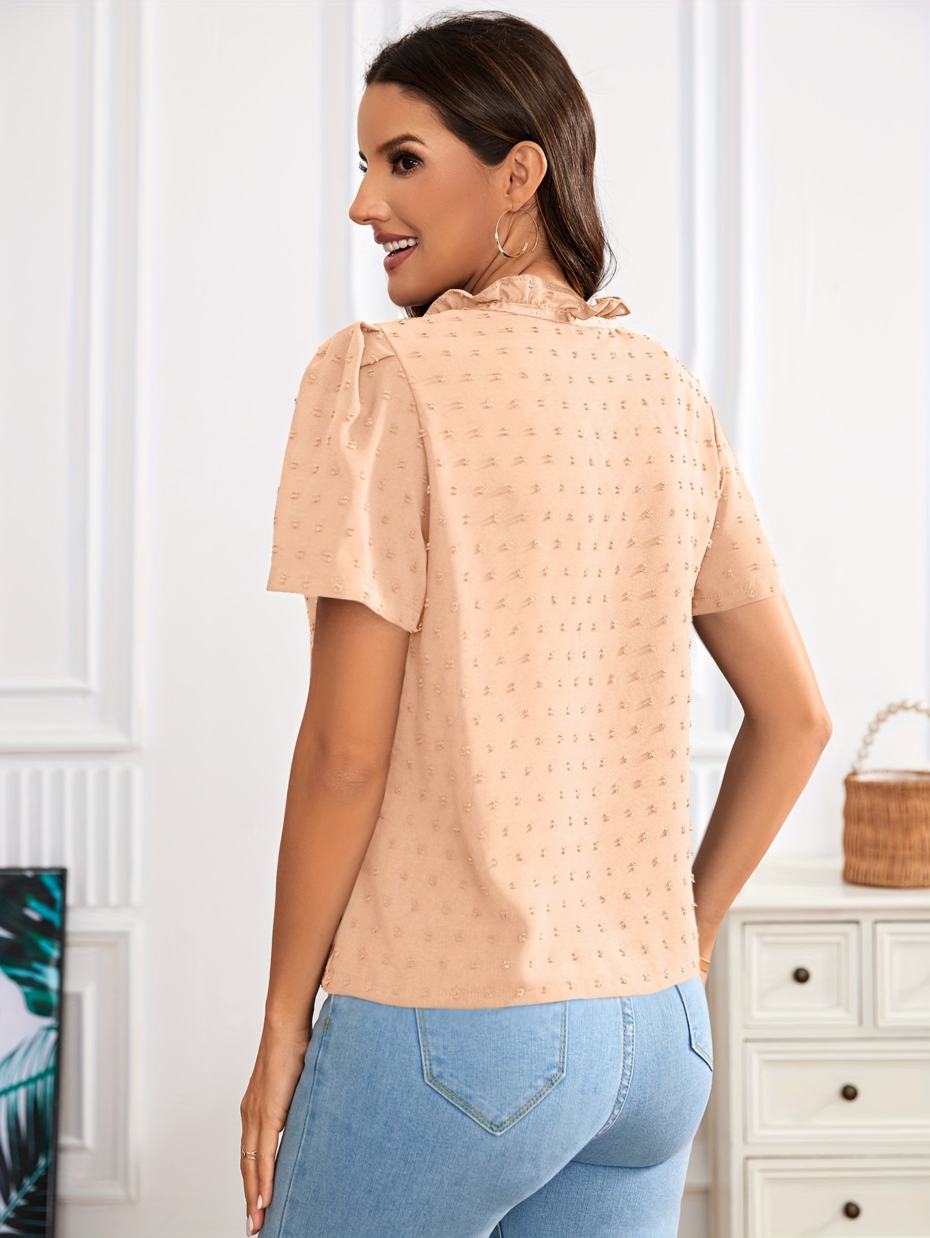 Elegant Deep V-Neck Lace-Up Blouse for Women - Chic Solid Color Shirting Style with Eyelet Detail, Versatile for All Seasons