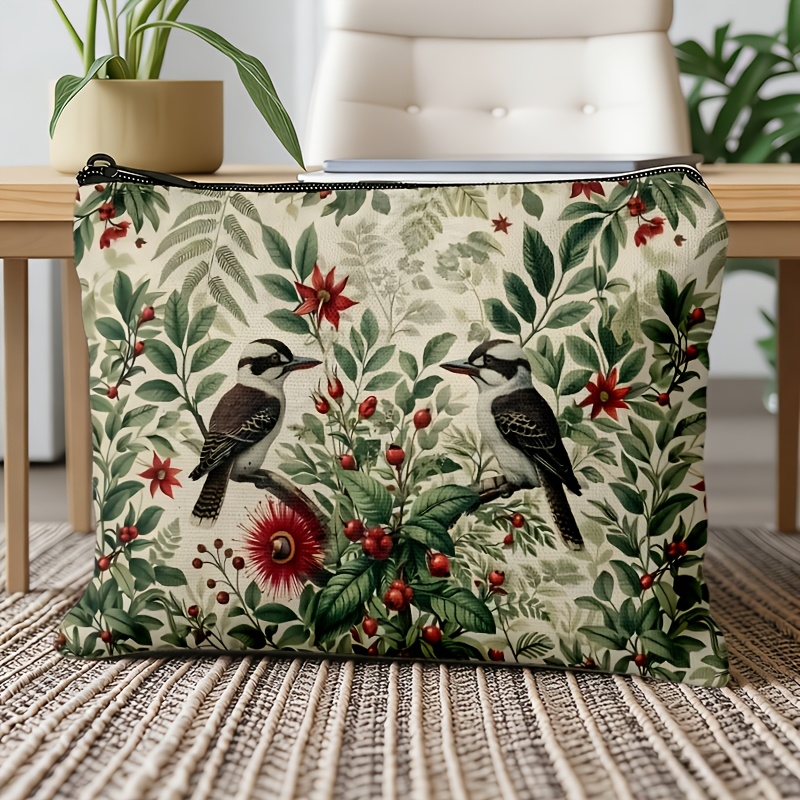 TEMU [ ] 1pc Light Luxury Elegant Double Smile Kingfisher Floral Plant Pattern Makeup Bag, Quick Organization/durable Fabric, Travel Toiletry/, Warm