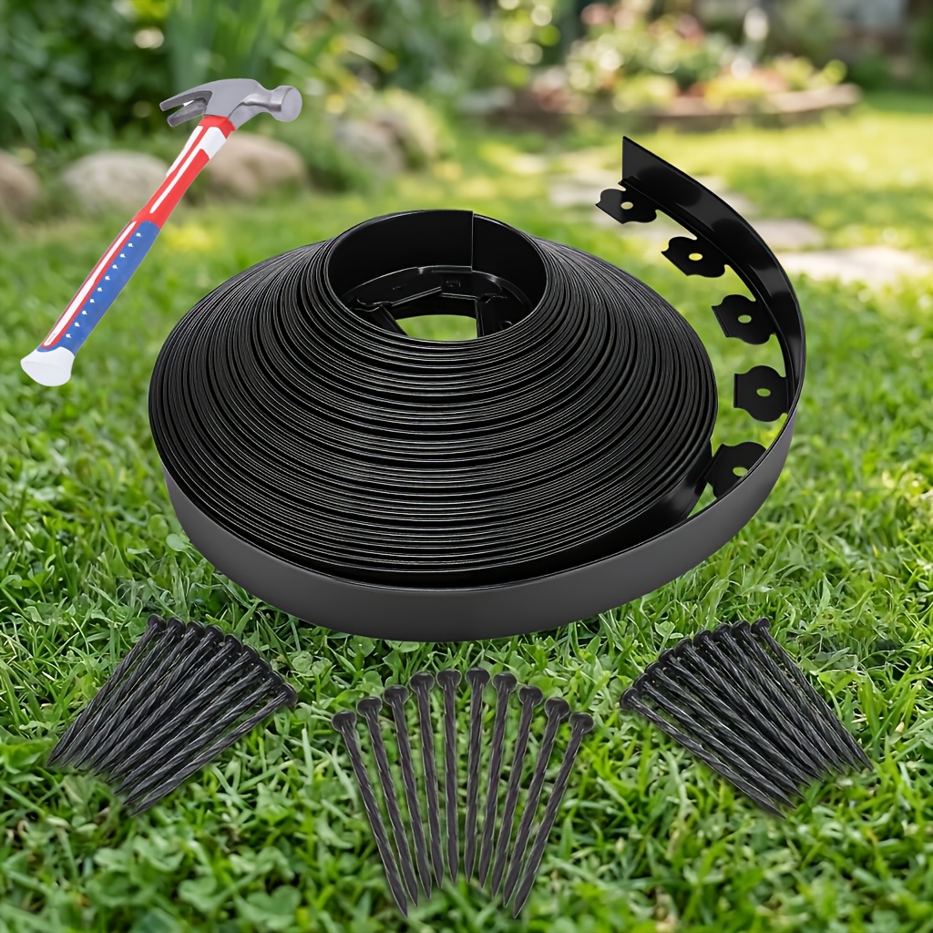 TEMU 66/33ft X 1.5in Landscape Edging With 1pc 8oz Hammer And 60/30pcs Special Anchoring Spikes, Garden Edging Kit, Plastic Edging Soft, Suitable For