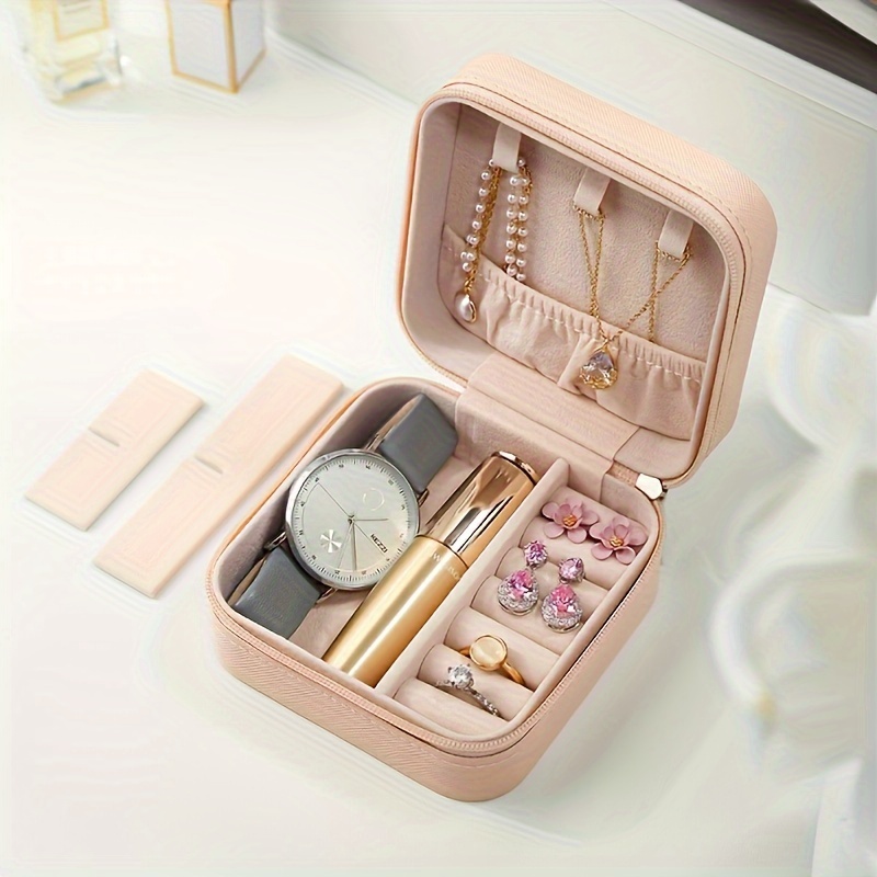 Image of Portable Waterproof Pu Jewelry Storage Box With Zipper And Detachable Partition - Perfect For Rings, Necklaces, Watches, Earrings - Companion And Christmas/halloween Gift, Jewelry Boxes