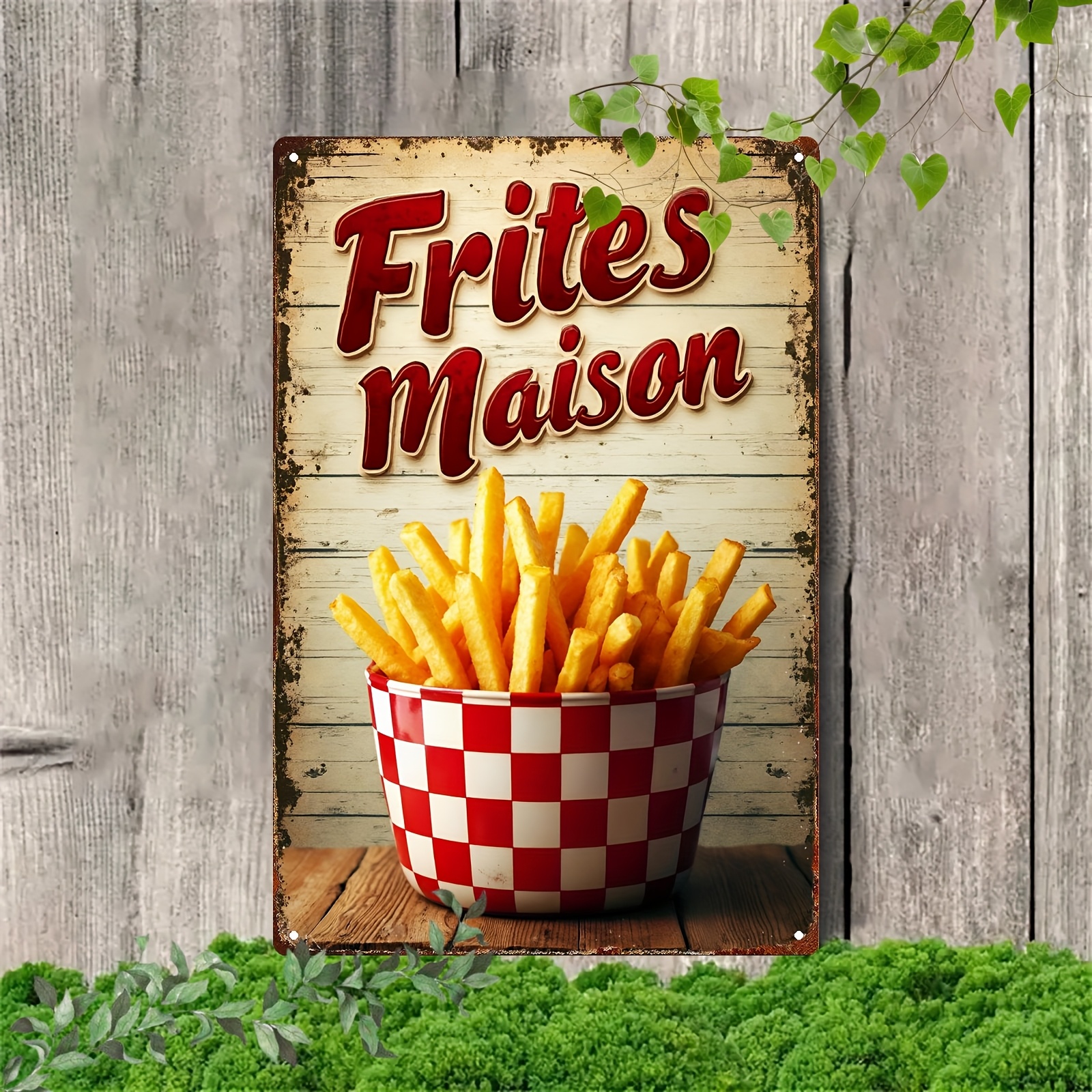 TEMU Décor mural 2D plat, 1 pièce "Frites Maison" - Enseigne métallique vintage avec seau à frites à carreaux, plaque rustique avec français, idéal ,