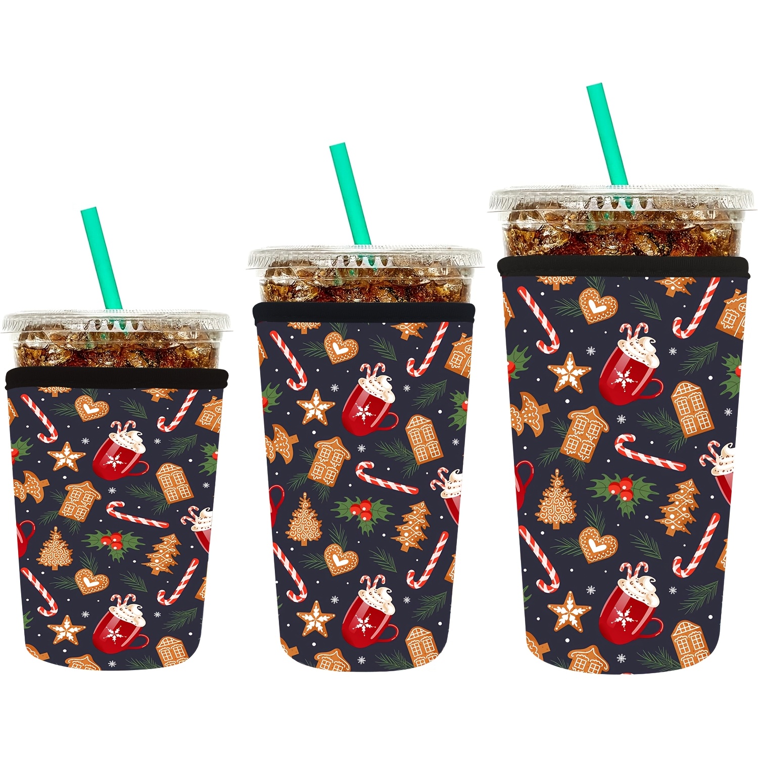 TEMU Reusable Iced Coffee Warming Sleeves, Christmas Gingerbread & Candy Cane Pattern. A 3-pack Of Neoprene Coffee Warming Sleeves, Suitable For Iced
